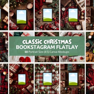 Könnte beinhalten: Eine Sammlung von weihnachtlichen Flatlay-Mockups mit Tablets mit leeren Bildschirmen. Die Bilder enthalten festliche Elemente wie Geschenke, Ornamente, Grünzeug und Kerzen, die auf verschiedenen Oberflächen angeordnet sind. Der Text auf dem Bild lautet "CLASSIC CHRISTMAS BOOKSTAGRAM FLATLAY".
