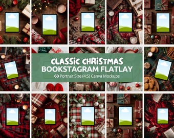 May include: A collection of Christmas-themed flat lay mockups featuring tablets with blank screens. The images include festive elements like gifts, ornaments, greenery, and candles, arranged on various surfaces. Text on the image reads "CLASSIC CHRISTMAS BOOKSTAGRAM FLATLAY".