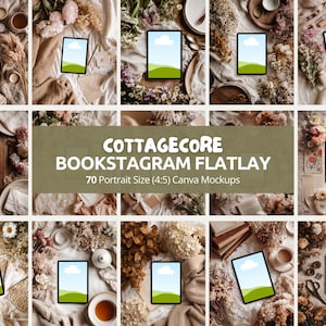 Può includere: Una collezione di mockup a tema cottagecore con tablet con schermi vuoti, circondati da fiori secchi, libri e tazze di caffè. Il testo recita "COTTAGECORE BOOKSTAGRAM FLATLAY".