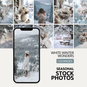Op de afbeelding: Een collage van winterafbeeldingen, waaronder besneeuwde landschappen, een persoon in een witte jas en decoratieve elementen. De tekst "WHITE WINTER WONDERS" en "SEASONAL STOCK PHOTOS" wordt weergegeven, met "120 IMAGES".