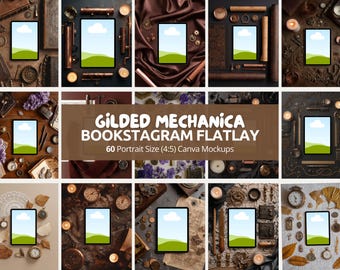 Gilded Mechanica Tablet Mockup Bundle | Bookish Canva Templates, Steampunk Bookstagram Flatlay Scenes for Authors, Creators Digital Pack