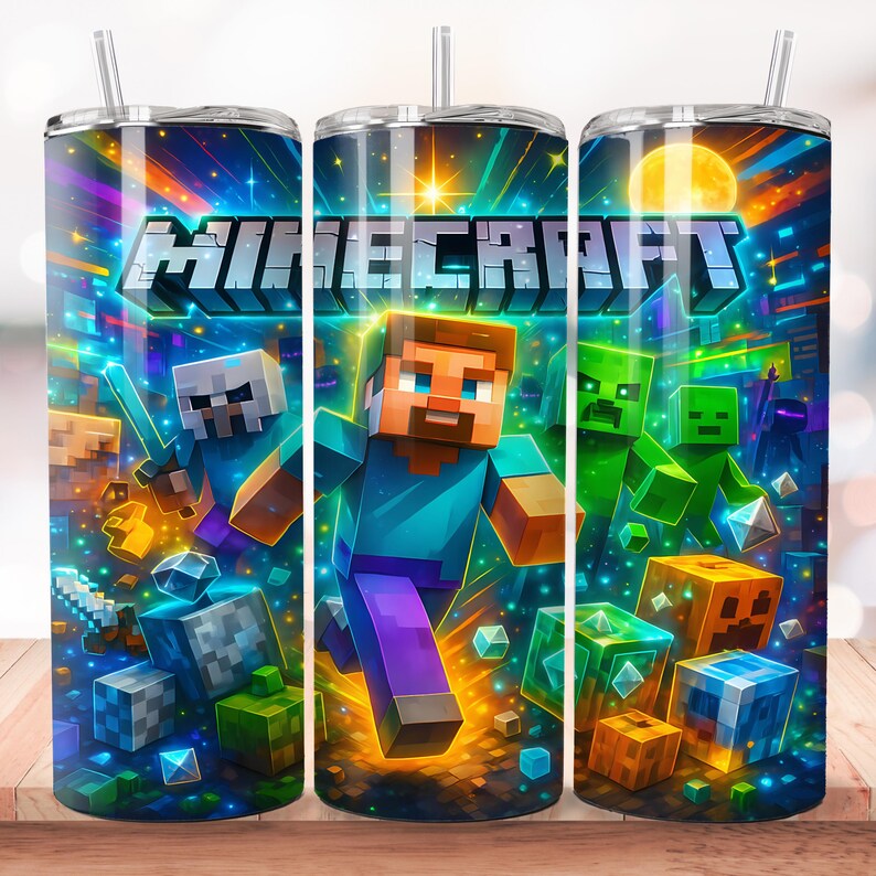 Puede incluir: Un vaso con tem&aacute;tica de Minecraft con pajita. El dise&ntilde;o presenta el logotipo de Minecraft y personajes como Steve, zombis y creepers, sobre un fondo vibrante y colorido con una luna llena.