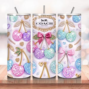 Luxury Cherry Bow 20oz Skinny Tumbler Wrap PNG | Pink Glitter Floral Sublimation Design | Instant Digital Download