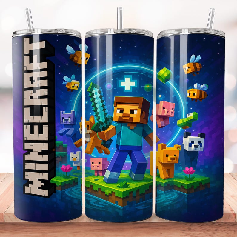 Puede incluir: Un juego de tres vasos aislados de acero inoxidable con un dise&ntilde;o de Minecraft. El dise&ntilde;o incluye la palabra "Minecraft" en blanco, junto con personajes y elementos del juego, como Steve, abejas y cerdos, sobre un fondo azul oscuro.