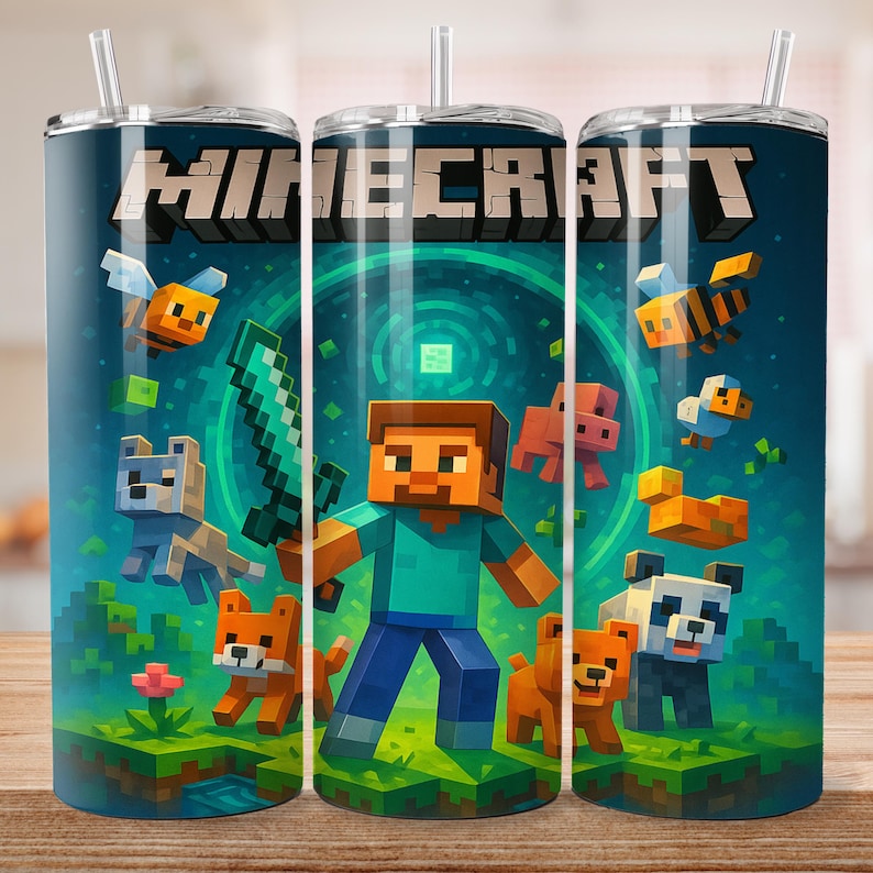 Puede incluir: Un juego de tres vasos de acero inoxidable con la palabra "Minecraft" en letras blancas. Cada vaso presenta un dise&ntilde;o colorido con personajes y elementos del popular videojuego.