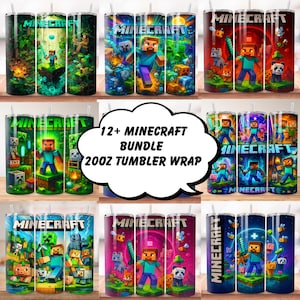 May include: A collection of 20oz tumbler wraps featuring Minecraft-themed designs. The tumblers showcase various characters and scenes from the popular video game, with vibrant colors and detailed graphics. The text "12+ Minecraft Bundle 20oz Tumbler Wrap" is also visible.