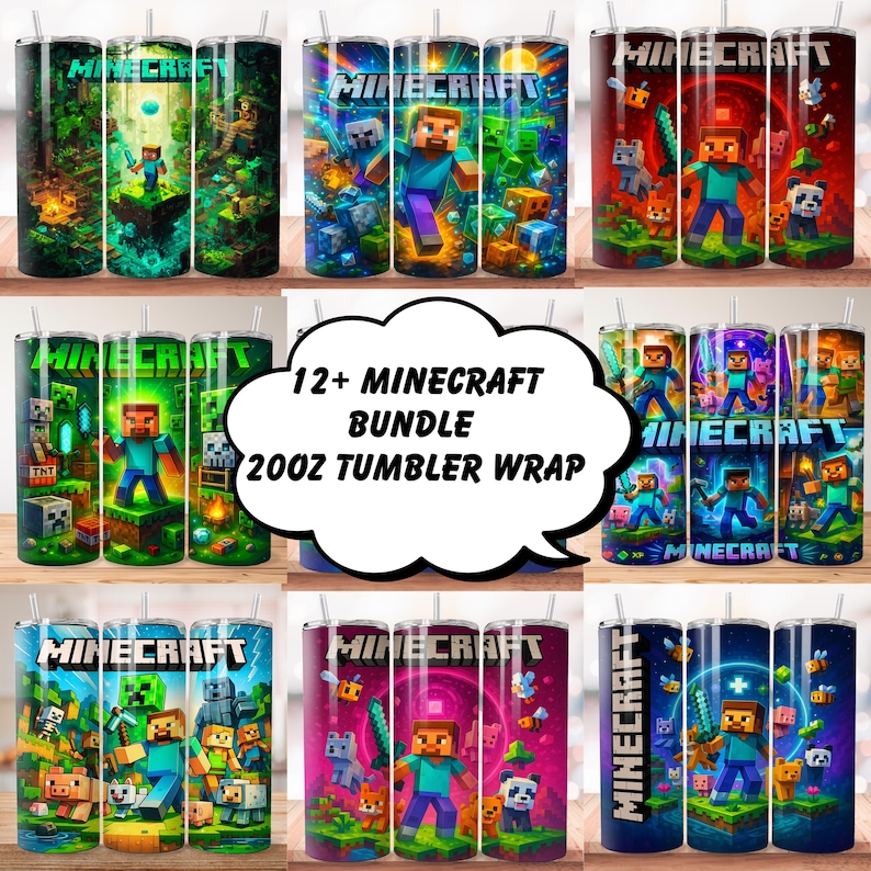 Puede incluir: Una colecci&oacute;n de dise&ntilde;os para vasos de 20 oz con tem&aacute;tica de Minecraft. Los vasos muestran varios personajes y escenas del popular videojuego, con colores vibrantes y gr&aacute;ficos detallados. Tambi&eacute;n se ve el texto "12+ Minecraft Bundle 20oz Tumbler Wrap".
