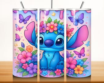 Stitch Floral Watercolor 20oz Tumbler Sublimation Design (PNG Digital File)