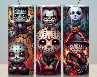 Horror Movie Characters Tumbler Wrap, Designs Horror 20oz Skinny Tumbler Png Bundle, Halloween Spooky Design (Digital Download)