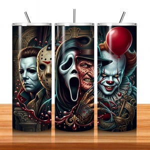 May include: A cylindrical stainless steel tumbler featuring a wrap-around graphic of various horror movie characters, including a white mask, a hockey mask, a ghost mask, a scarred face, and a clown holding a red balloon, with a metal straw.