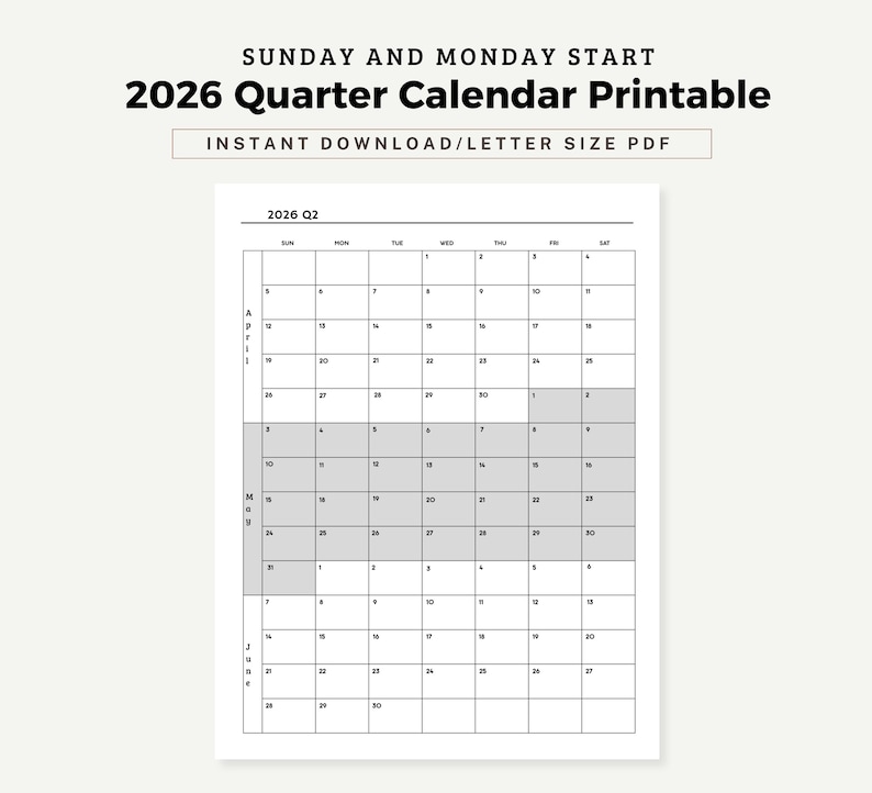 2026 Quarterly Calendar Printable | Sunday Monday Start, US Letter PDF ...
