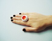 Derweze (the gate), ooak clay cocktail ring, white and orange, adjustable.