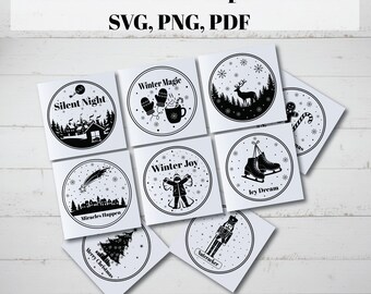 Christmas Sticker Bundle | Black & White Winter Clipart | Printable Round Stickers | SVG PNG Digital Download