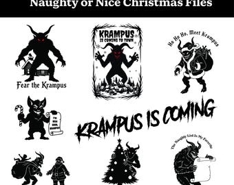 May include: A black and white Krampus design bundle with various illustrations and text. Designs include Krampus figures, a Christmas tree, and phrases like "Fear the Krampus" and "Santa Can't Save You Now."