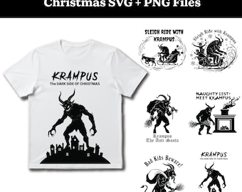 May include: A white t-shirt with a black Krampus design and the text "KRAMPUS The DARK SIDE OF CHRISTMAS." The image also includes six black and white Krampus-themed SVG and PNG files for Christmas.