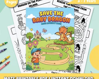 Baby Dragon Maze Printable, Preschool Puzzle Worksheets, Easy Mazes Ages 3-7, Homeschool Game PDF