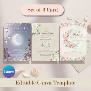 Puede incluir: Juego de 3 tarjetas Eid con diseños florales y de luna creciente. Las tarjetas presentan texto en inglés, incluyendo "Eid Al Fitr" y "Eid Mubarak". Plantilla Canva.