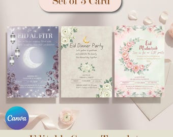 Editable Eid Dinner Invitation Set, Canva Party Template (Set of 3)