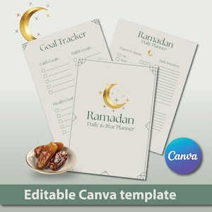 Puede incluir: Un conjunto de tres planificadores de Ramadán beige y un rastreador de objetivos con gráficos de luna creciente y estrellas doradas. Los planificadores incluyen secciones para intenciones diarias, oración y objetivos.