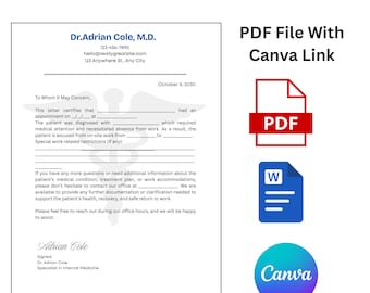 Plantilla editable de justificante médico/formulario de ausencia imprimible (PDF, Word y Canva)
