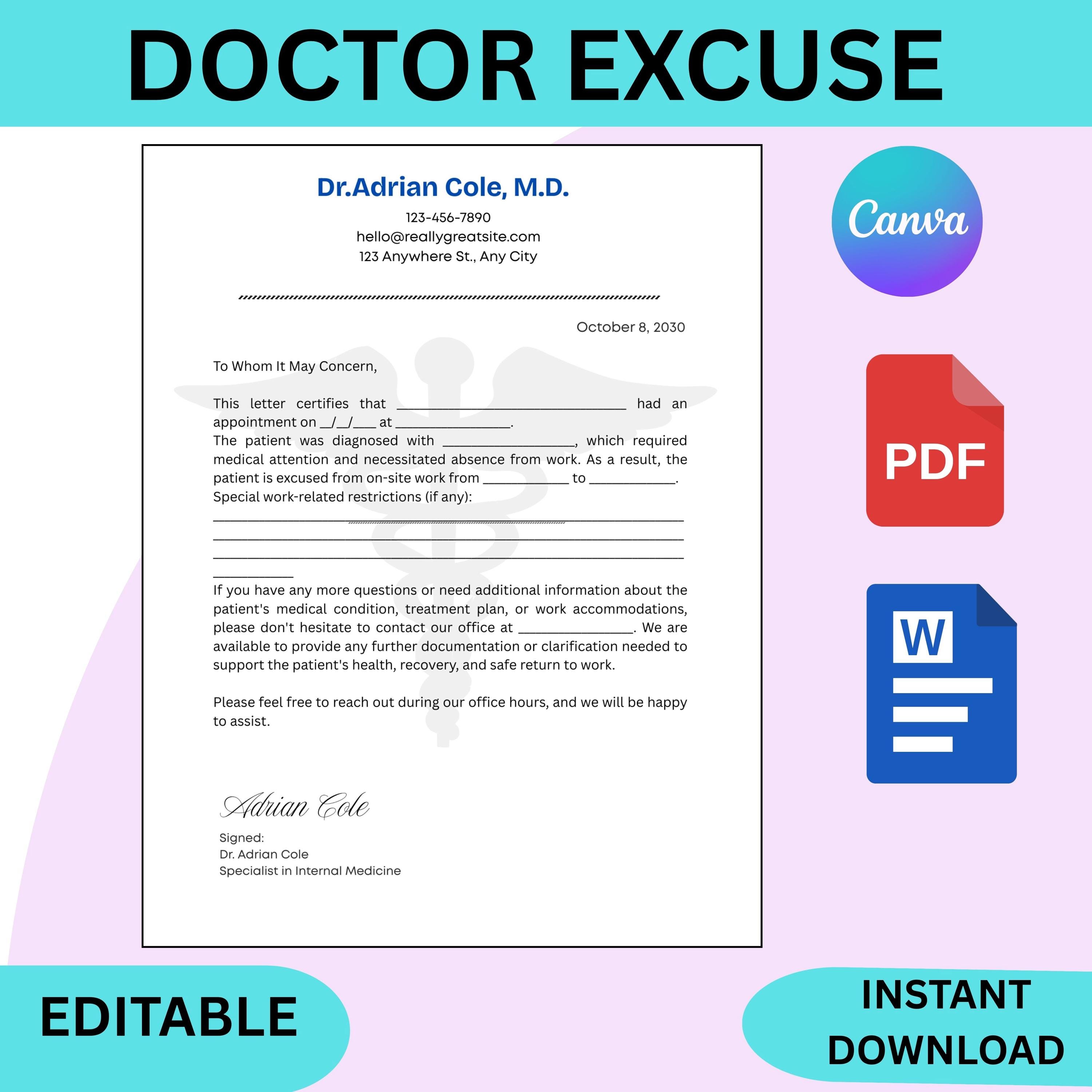 Editable Doctor Excuse Note Template | Printable Absence Form (PDF ...