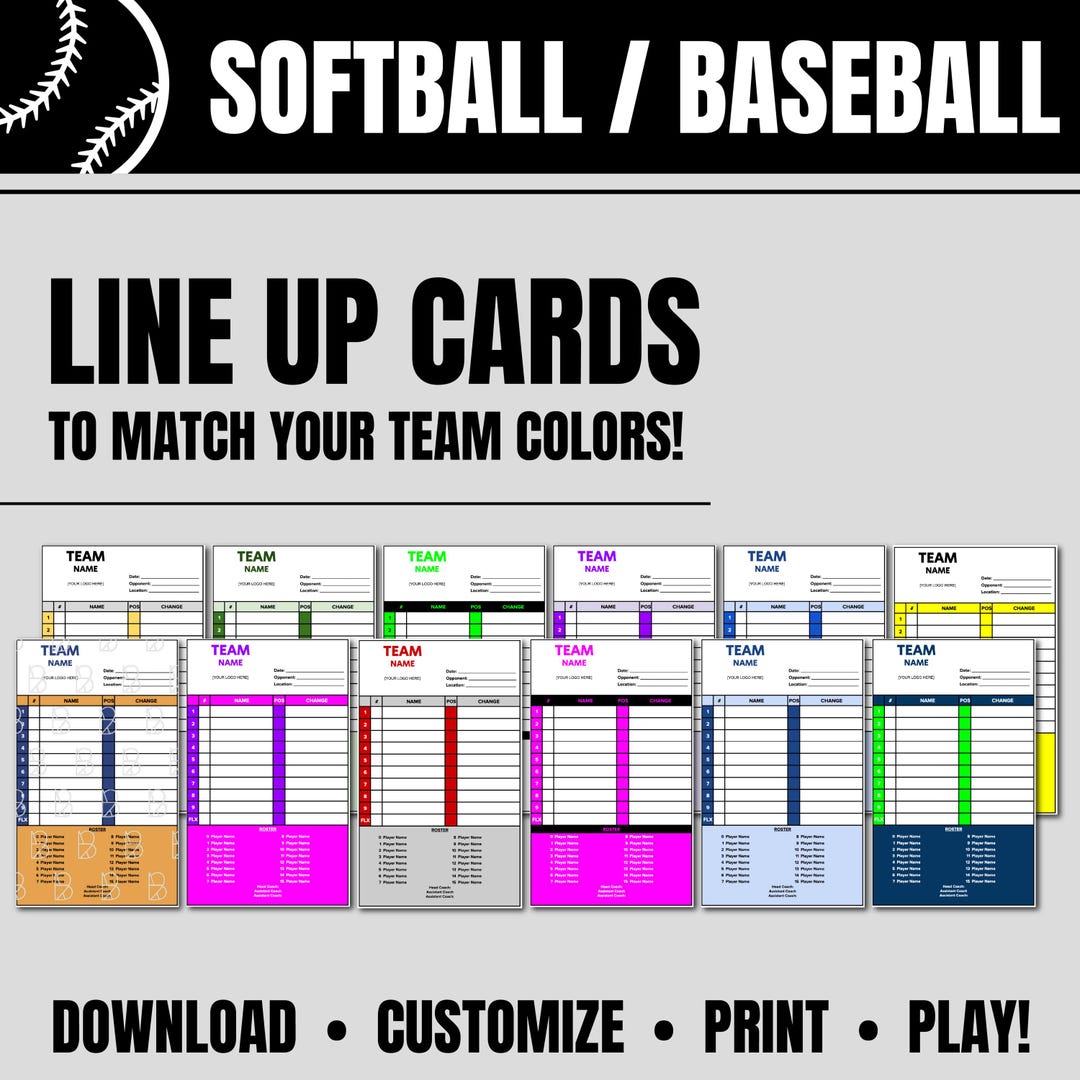 Softball / Baseball - Line up Cards - Custom Colors - Etsy