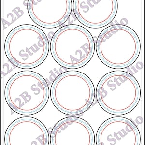 May include: A sheet of circular labels. Each label has a black border, with red and blue inner rings, and a white centre. The image is watermarked with the text "A2B Studio".