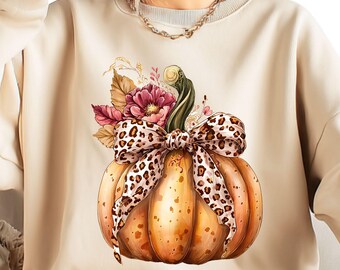 Leopard Bow Pumpkin Fall T-Shirt Design | Autumn Sublimation Clipart | Boho Leopard Print Pumpkin with Flowers | Thanksgiving Shirt PNG