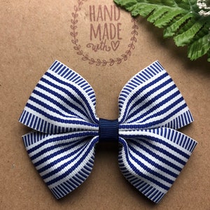 Navy Blue and White Striped Hair Bow ,  3” or 4” Hair Bow  , Navy Blue Hair Clip for  Girls  , Nautical Hair Bow , Beach Hair Bow