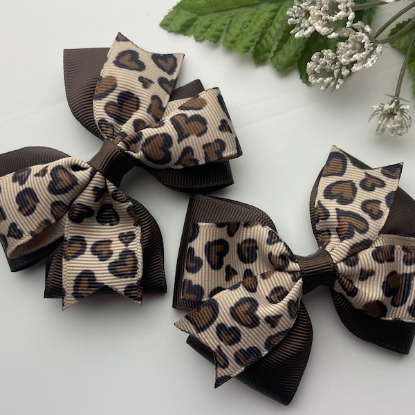 Leopard Pinwheel Pigtail Bows , Fall Hair Bows,  Set of 2 Leopard 3.5 Inch Hair Bows , Leopard Piggies - Leopard  Print Hair Bows