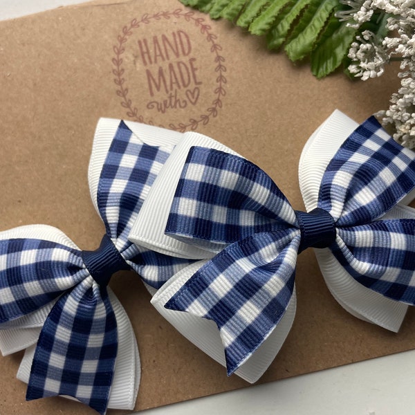 Navy Blue Gingham Hair Bows , Set of 2 Navy and White  3 Inch Hair Bows , Pigtail Hair Bows , Fall Hair Bows , Set of Two Navy Bows