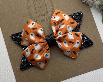 Halloween ghost Hair Bow , Halloween  Hair Clip , Ghost Glitter Hair Bow , Scary Glitter 4  Inch Hair Bow for Girls