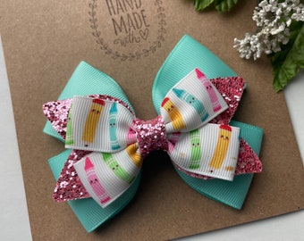 Crayon Hair Bow, Glitter Pencil Ribbon, School Hair Clip