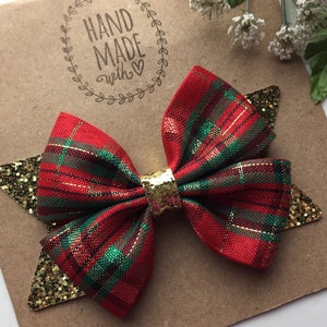 Christmas Hair Bow , Christmas Hair Clip , Christmas Glitter Hair bows for Girls , 4" Christmas Plaid Hair Bow Hair Clip Red Green and Gold