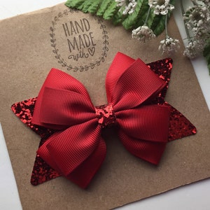 Red Glitter 4” Hair Bow Clip for Girls, Memorial Day or 4th of July accessory
