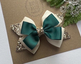 Ivory Hunter Green and Gold Christmas Hair Bow , Christmas Hair Clip , Christmas  bow for Girls , 4" Christmas  Bow , Holiday Hair Bow