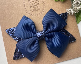 Navy Blue Hair Bow Accented with Glitter , Girls Hair Accessories, 4”  Blue Hair Clip