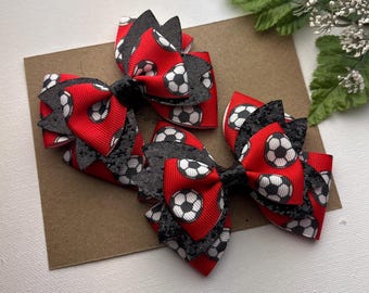 Soccer Pigtail Hair Bows  , Set of Two 3 Inch Hair Bows  , Soccer Piggy Hair  Bows ,  Hair Bow Clips , Soccer Bows