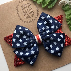 Glitter Fourth of July Hair Bow , Independence Day Hair Bow , 4th of July Red White and Blue Hair Bow , Patriotic 4 inch Hair Bow Clip