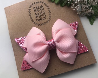 Pink Glitter Hair Bow, Grosgrain Ribbon Stacked Bow