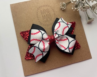 Glitter Baseball Hair Bow , Red Black and White Baseball HairBow ,  Baseball Hair Clip ,   Hair Bow , 4 Inch Glitter Baseball Bow , Cute Bow