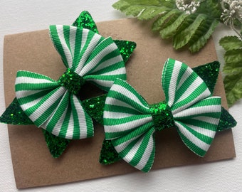 3” Green and White Striped Christmas Glitter Pigtail Hair Bows ,  Green Christmas Hair Clips ,  Holiday Hair Bows
