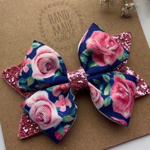 Rose Flower Hair Bow , Navy and Pink Hair Clip , Girls Hair accessories