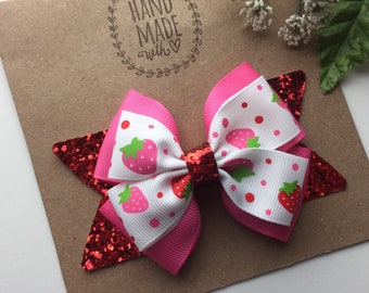 Glitter Strawberry 4 Inch Hair Bow Clip , Red Pink and White Bow Strawberry Birthday Bow