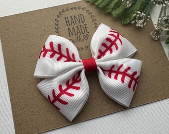 Large Baseball Hair Bow , 5”  Baseball Hair Bow, Baseball Stitch Hair Clip , Glitter Hair Bow , Red  and White Baseball Bow