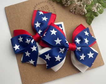 4th of July 4 inch Pinwheel Stars Pigtail Hair Bows , Red White and Blue Set of Two Hair Bows