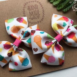 Ice cream cone Pigtail Hair Bows Set of Two 3” Grosgrain and Glitter Sweet Treat Hair Clips
