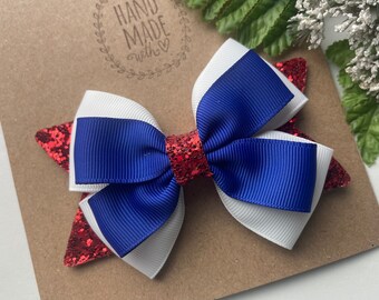 Red White and Blue Glitter Hair Bow, Patriotic Ribbon Clip