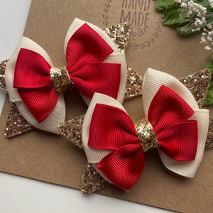 Ivory Red and Gold Pigtail Christmas Hair Bows , Christmas Hair Clips , Christmas  Hair bows for Girls , Christmas  Bows , Holiday Hair Bows