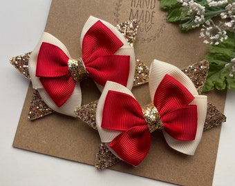 Ivory Red and Gold Pigtail Christmas Hair Bows , Christmas Hair Clips , Christmas  Hair bows for Girls , Christmas  Bows , Holiday Hair Bows